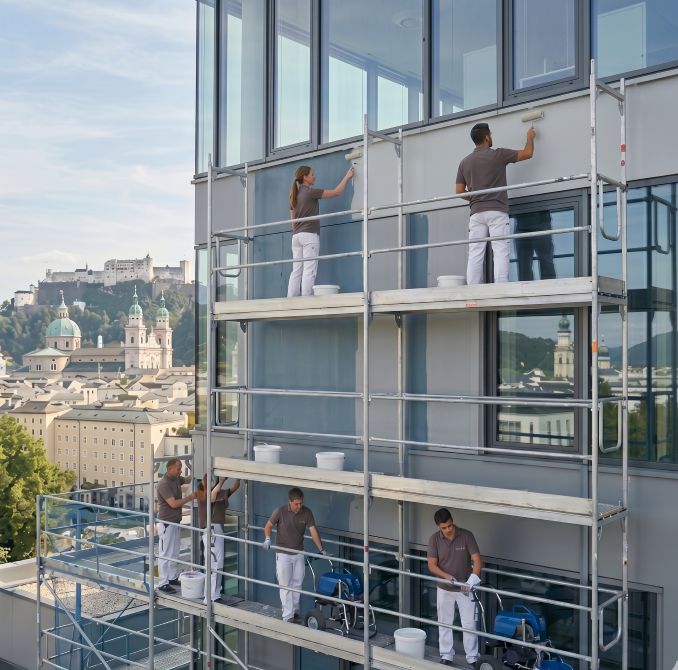 Maler und Malerinnen arbeiten an einer Außenfassade in der Stadt Salzburg.